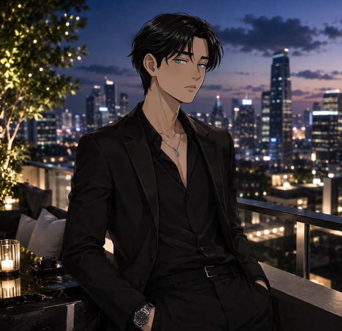 Anime-style illustration of a handsome dark-haired man in a black shirt and blazer wearing a watch, standing on a balcony overlooking a glowing city skyline at night.