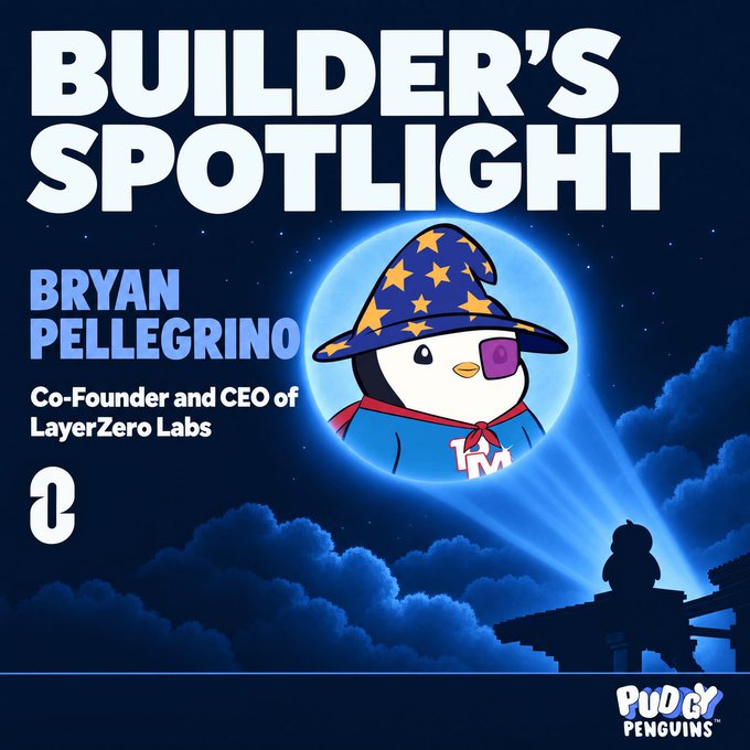 A promotional graphic titled "Builder's Spotlight" featuring Bryan Pellegrino, Co-Founder and CEO of LayerZero Labs, depicted as a wizard penguin character against a moonlit night sky with clouds, alongside the Pudgy Penguins logo. The post introduces this Builder Spotlight series celebrating @PrimordialAA, whose handle matches Bryan Pellegrino's online presence.