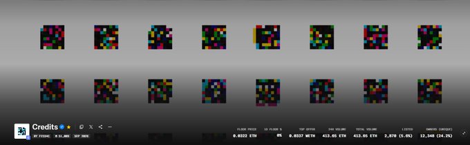 A credits screen displaying pixelated thumbnail placeholders with "Credits" label and TradingView chart metrics including LONGS 6.0333 ETH, 5H 0.0337 WETH, 415.80 ETH, 413.05 ETH, 1,075 ETH, and 13,398 dollars.