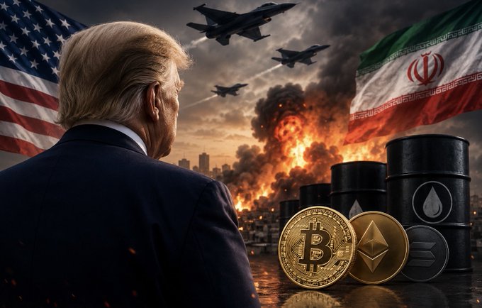 A dramatic composite image shows Donald Trump from behind looking at fighter jets, explosions, the US flag, the Iranian flag, oil barrels, and Bitcoin/Ethereum coins.
