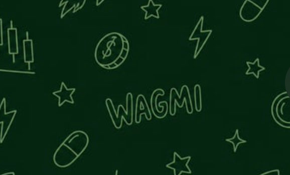 A dark green banner featuring the word "WAGMI" in outlined text at the center, surrounded by playful doodle illustrations including stars, lightning bolts, a coin, and a pill shape. The post points out that this same "WAGMI" text appears on every banner across the @Pumpfun app, making it the most visible word seen by 687k+ monthly traders—yet no one has launched a token using it.