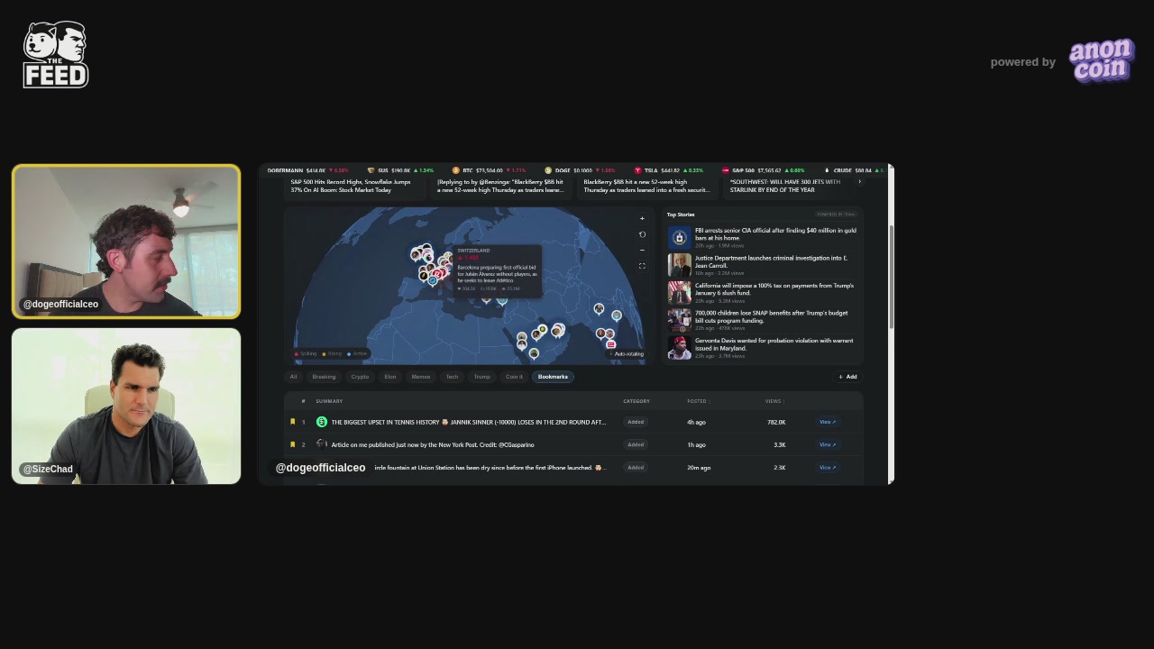 The image shows a computer screen with a map of the world displayed, along with a chat window where two people are having a conversation. The background of the image also includes a text box that reads "The Feed Live! (5/28/26)". This suggests that the image is related to an online discussion or event happening at the time it was captured.