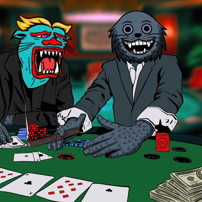 A cartoon illustration of two monstrous-looking characters in suits sitting at a casino poker table, one with a blue face and yellow hair showing sharp teeth, and another in a gray furry mask, surrounded by poker chips, cards, and cash.