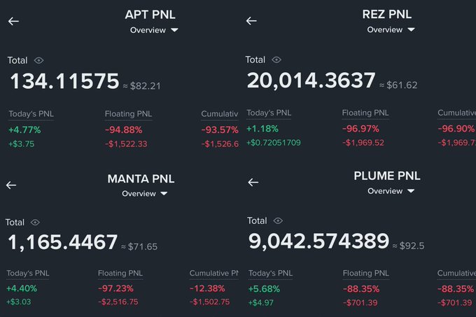 A dashboard showing crypto PNL (profit and loss) overview for APT, REZ, MANTA, and PLUME tokens, all displaying significant losses with floating PNL percentages ranging from -88% to -97%.