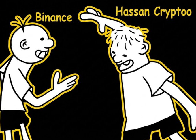 A cartoon illustration featuring two characters with yellow outlines on a black background; the left character is labeled 'Binance' and the right character is labeled 'Hassan Cryptoo'.