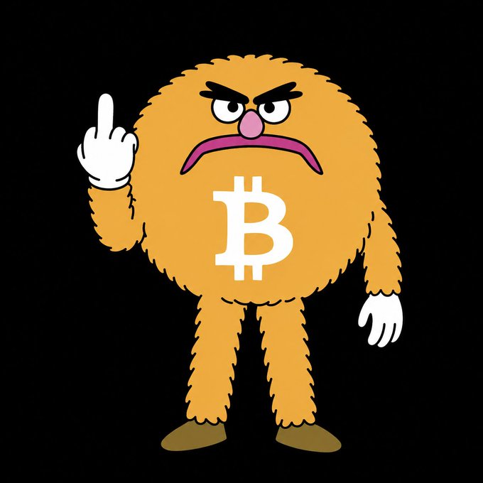 A cartoon illustration of a grumpy, fuzzy orange Bitcoin mascot giving the middle finger, with the Bitcoin 'B' symbol on its chest against a black background.
