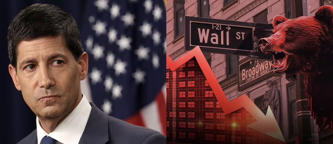 Composite image showing a man in a suit against an American flag on the left, paired with a Wall Street sign, red bear graphic, and a downward red arrow indicating a bear market on the right.
