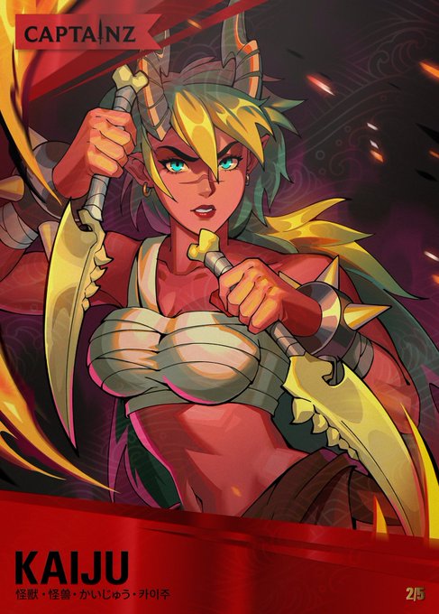 The image features a female character with long hair and a red outfit holding two swords, one of which has a flame coming out of it. The character appears to be a warrior or a princess from a fantasy world. The background of the image is dark and filled with smoke, giving it an intense atmosphere. The post includes text that reads "Call me stupid, but I still care about NFT. This is my @memeland Kaiju waifu, got her in ONE draw." which seems to be related to the character or the post itself.