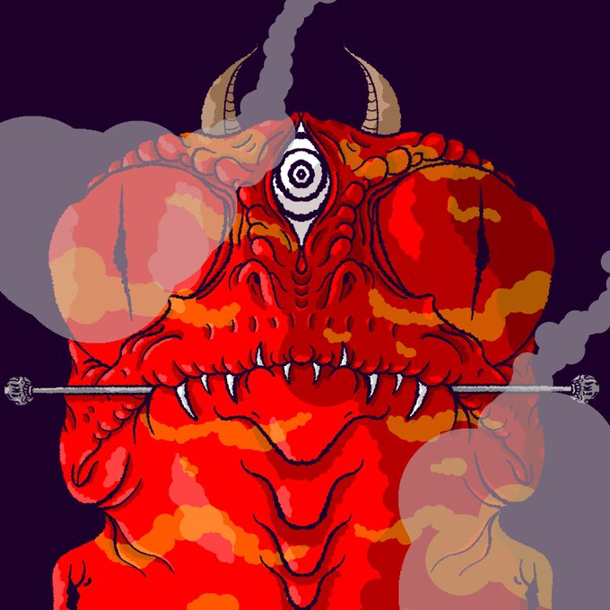 A digital illustration of a red, demonic figure with horns, a single central eye, sharp teeth, and a trident held in its mouth, set against a dark purple background with smoke.
