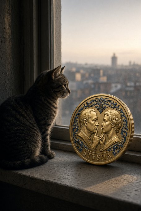 A tabby cat sits on a windowsill gazing out at a city skyline, with a large gold coin labeled 'STYSHA' featuring two relief portraits placed beside it.