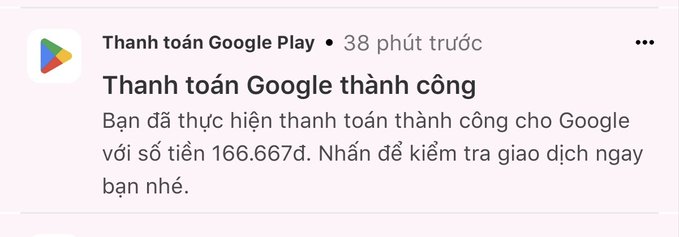 A Vietnamese Google Play payment confirmation notification for a successful transaction of 166,667đ, received 38 minutes ago.