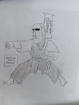A pencil sketch of a bald martial artist in a wide stance, annotated with references to "Discipline", "Stance", "Freedom", "Channeling", and "Power".