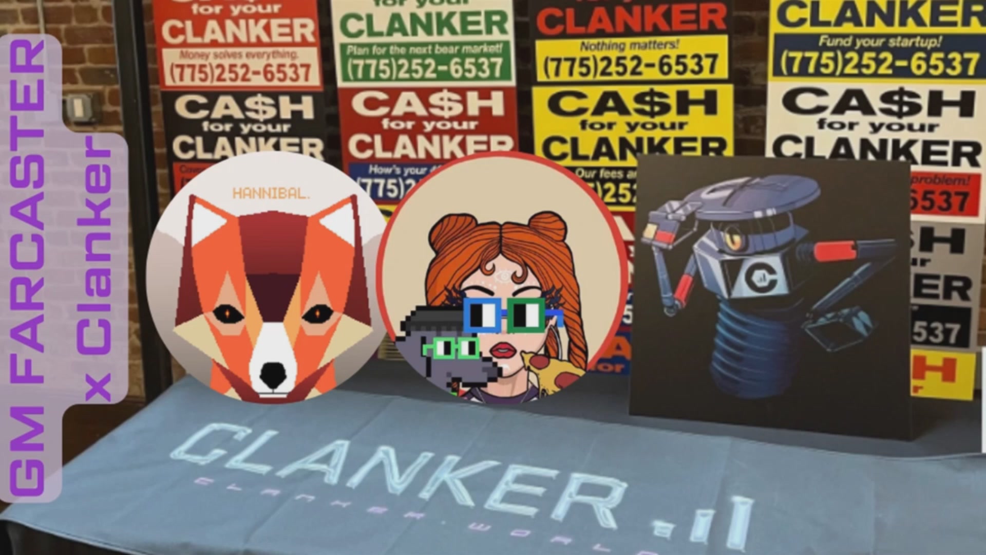 The image features a table displaying three different posters, each representing a character from a video game series. The first poster shows a red fox wearing glasses, the second one depicts a girl with glasses, and the third poster portrays a robot. These posters are part of a larger collection that includes a sign for GM Farcaster and another sign for Clanker World. The text on these signs reads "gm farcaster ep368 @farcaster_xyz and @clanker world".