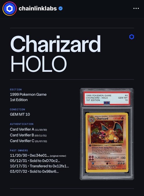 The image is a Chainlink Labs social media post showcasing a 1999 Pokémon Game 1st Edition Charizard HOLO trading card (graded GEM MT 10 by PSA #4), complete with its authentication details and ownership history linked to wallet addresses.

The $LINK reference in the caption ties to Chainlink's blockchain-based provenance services—the ownership dates and wallet addresses displayed alongside the card mirror Chainlink's Proof of Reserve and real-world asset tokenization capabilities, demonstrating how blockchain can verify and track high-value collectibles' history.