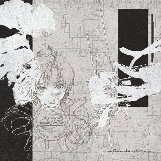 A monochrome anime-style illustration features a character holding a circular emblem with the text 'SSSS', accompanied by the phrase 'Infiltrate everything' at the bottom.