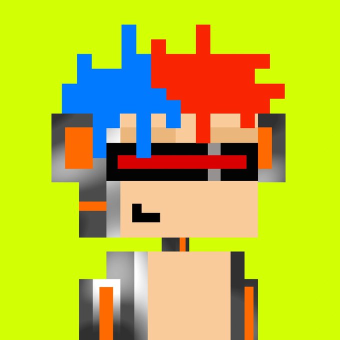 A pixel art portrait of a character with spiky red and blue hair wearing red sunglasses and a black and orange jacket against a bright green background.