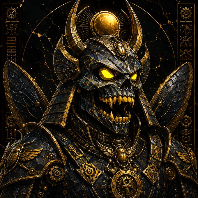 A dark, ornate fantasy warrior resembling an Egyptian armored demon with glowing yellow eyes, gold fangs, scarab motifs, and hieroglyphic symbols. It complements “GN crazy world” with an intense, surreal, otherworldly vibe; no clear text, numbers, or tickers are visible.