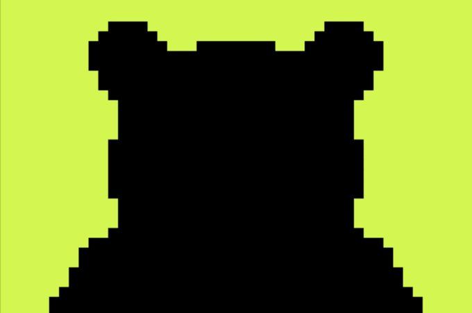 A pixelated black bear silhouette on a bright yellow-green background, visually representing the "MintABear" NFT collection mentioned in the post as a free mint with a 4,444 supply connected to the MINT ticker on Robinhood.