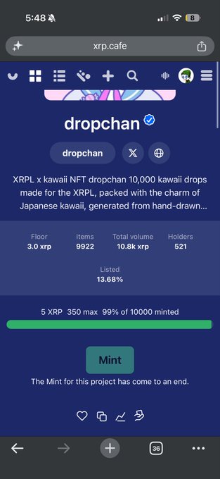 A mobile screenshot of xrp.cafe showing an NFT dropchan project page for 'XRPL x kawaii NFT dropchan' with stats (9922 items, 10.8k XRP volume, 521 holders) and a 'Mint' button indicating minting has ended.