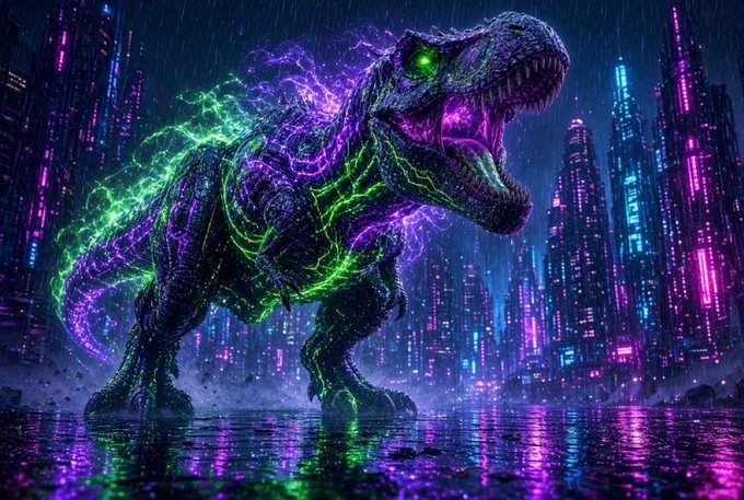 A digital artwork of a Tyrannosaurus rex glowing with neon purple and green energy, set against a futuristic cyberpunk cityscape with tall illuminated skyscrapers.