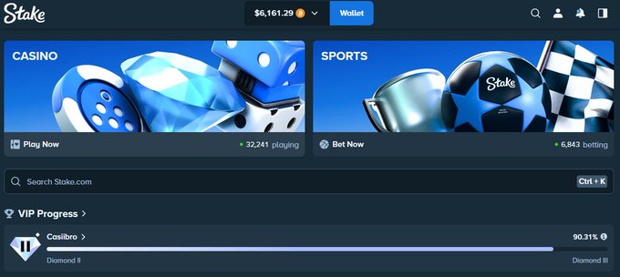 A screenshot of the Stake.com website homepage featuring 'CASINO' and 'SPORTS' banners, a balance of $5,161.29, a search bar, and a VIP Progress bar showing 'Casibro' at 90.31%.
