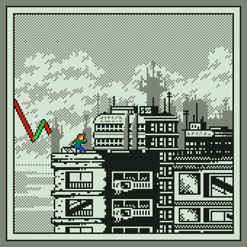 The image features a cityscape with buildings of various sizes, including an apartment building that has a person sitting on top of it. The scene appears to be from an old video game, possibly a platformer or adventure game, as there are elements such as a flag and a window in the foreground. This suggests that the image is part of a retro gaming experience.