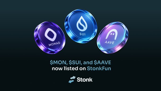 The image showcases three glossy 3D coins representing $MON, $SUI, and $AAVE, with the caption "now listed on StonkFun," visually highlighting the new pairing options available for launching tokens on the platform as mentioned in the post.