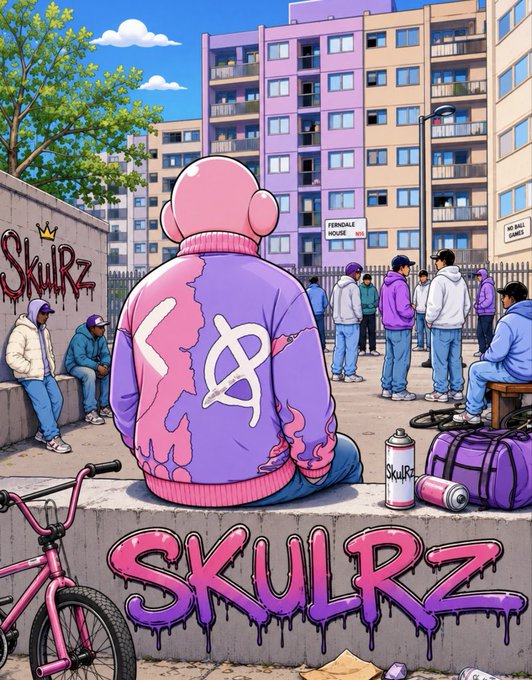 An illustrated street art scene featuring a person in a pink hoodie with graffiti sitting on a ledge overlooking a group of youths, with the word 'SKULRZ' prominently displayed in pink and purple graffiti lettering at the bottom.