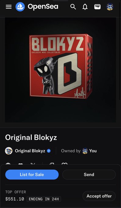 OpenSea mobile screenshot showing an 'Original Blokyz' NFT (red box collectible), owned by the user, with top offer of $551.10 ending in 24H and options to 'List for Sale' or 'Send'.