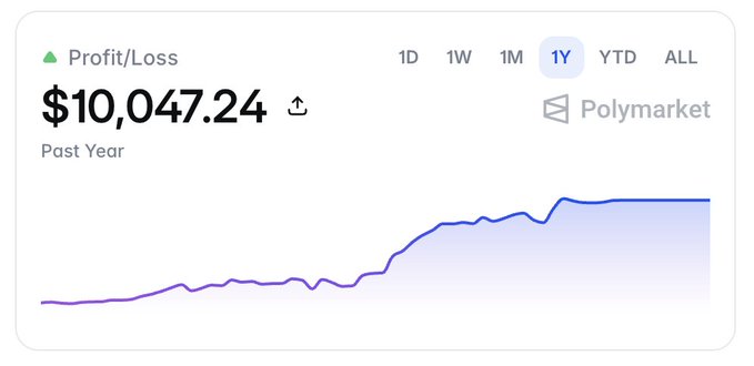 A profit/loss chart displays $10,047.24 in earnings over the past year on Polymarket, with the 1Y timeframe selected and an upward-trending line graph.