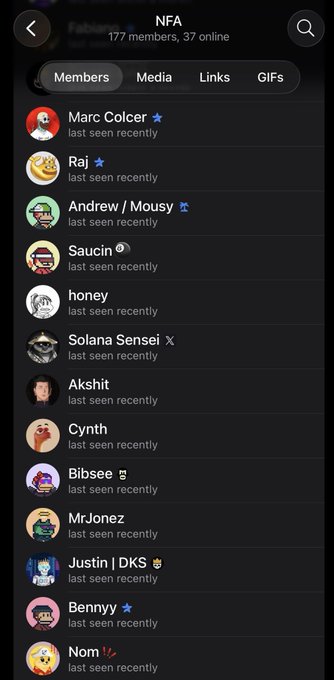 A Telegram group chat titled "NFA" shows 177 members with 37 online, displaying a member list that includes usernames like Marc Colcer (admin), Raj (admin), Andrew/Mousy (admin), Saucin, honey, Solana Sensei, Akshit, Cynth, Bibsee, MrJonez, Justin/DKS, Bennny, and Nom, all marked as "last seen recently." The post invites viewers to leave a "gm" message to gain access to this Telegram group, aligning with the visible member roster of the NFA community.