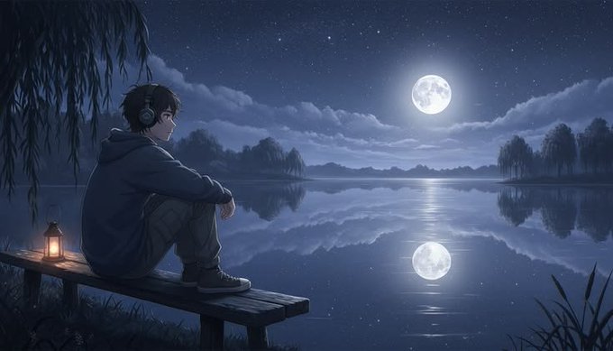 An anime-style illustration of a person wearing headphones sitting on a wooden dock by a lake under a full moon at night.