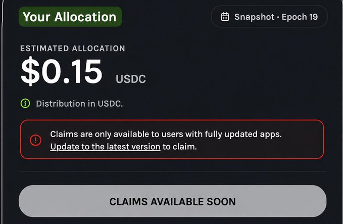 A screenshot of an allocation dashboard showing an estimated allocation of $0.15 USDC for Snapshot Epoch 19, with a warning to update to the latest version to claim and a 'CLAIMS AVAILABLE SOON' button.