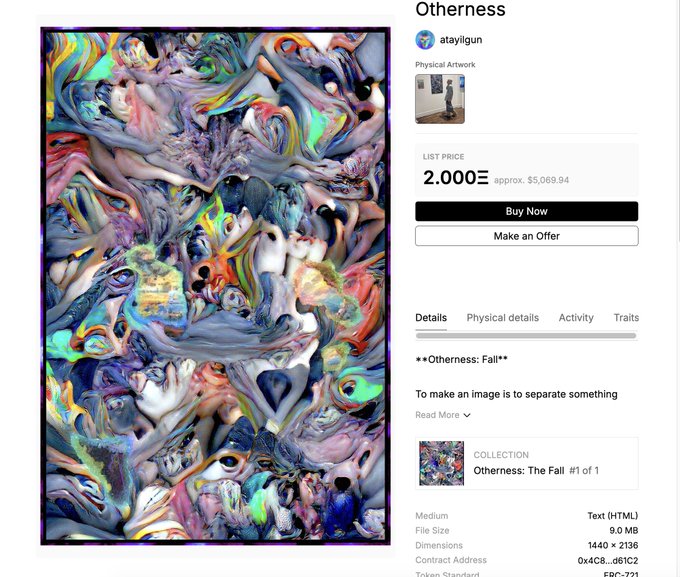 An NFT listing page for artwork titled 'Otherness' by atayilgun shows a swirling, colorful abstract piece priced at 2.000 ETH (~$5,069.94), part of the 'Otherness: The Fall' collection.