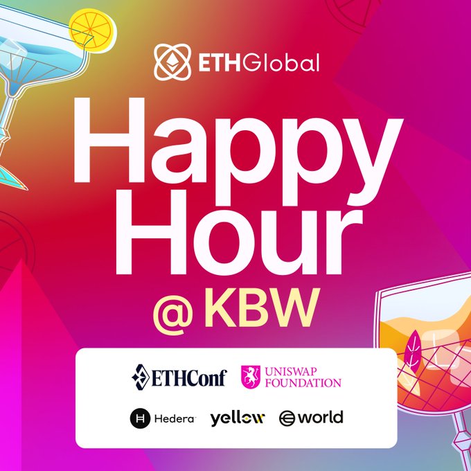 A promotional graphic with a pink and yellow gradient background advertising 'Happy Hour @KBW' by ETHGlobal, featuring logos for ETHConf, Uniswap Foundation, Hedera, Yellow, and World.