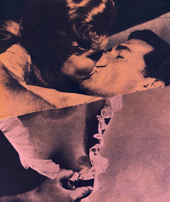 The image shows a collage that depicts a couple kissing in close-up view. The background features black and white photos with the central couple as the focal point of the composition. The post title reads "Thank you @flyingbeagle_ for collecting an edition of 'like the movies' 1 tez, 30 tez, link below". The collage effectively uses a combination of colors (orange) and monochrome images to create a visually appealing and engaging composition that captures the essence of love in this era.