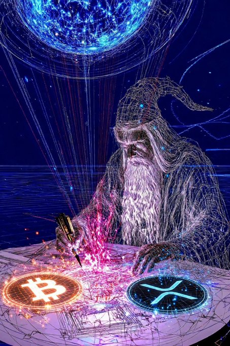 A digital artwork depicting a wizard-like figure with a long white beard and pointed hat, casting magic over glowing Bitcoin (₿) and XRP cryptocurrency symbols on a table, set against a cosmic blue background with a planet.