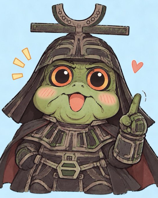 A cute, cartoonish illustration of a samurai frog wearing traditional armor and holding up a finger.