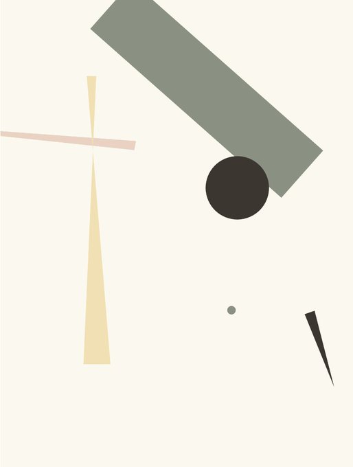 A minimalist abstract composition featuring a gray angled rectangle, a black circle, a pale yellow triangle, and a pink line on a cream background.