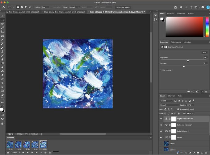 A screenshot of Adobe Photoshop 2026 showing a blue and white abstract digital painting being edited using a 'Brightness/Contrast 1' layer.