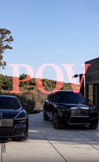 Two black luxury Rolls-Royce vehicles parked in front of a modern building, overlaid with large translucent red 'POV' text.