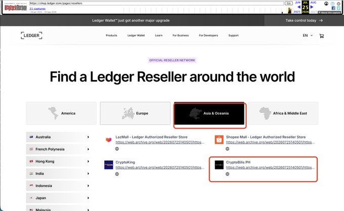 Screenshot of the Ledger.com Official Reseller Network page showing the 'Asia & Oceania' tab selected, highlighting 'CryptoBills Pty' as a reseller in that region.
