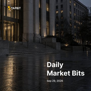 A moody, low-light photograph of a city building's exterior steps with the 'TAPBIT' logo in the top-left corner, overlaid with the white text 'Daily Market Bits' and 'Sep 29, 2026'.
