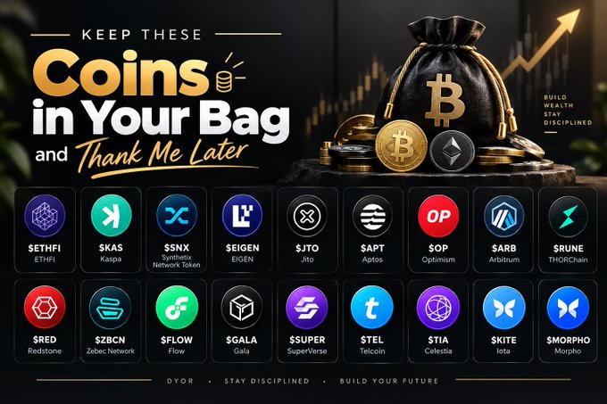 Cryptocurrency promotional banner titled 'KEEP THESE Coins in Your Bag and Thank Me Later,' displaying logos for ETHFI, SKAS, SNX, EIGEN, JTO, APT, OP, ARB, THORChain, REDSTONE, ZBCN, FLOW, GALA, SUPER, TEL, STIA, SKITE, and MORPHO, with the slogan 'BUILD WEALTH STAY DISCIPLINED DYOR.'