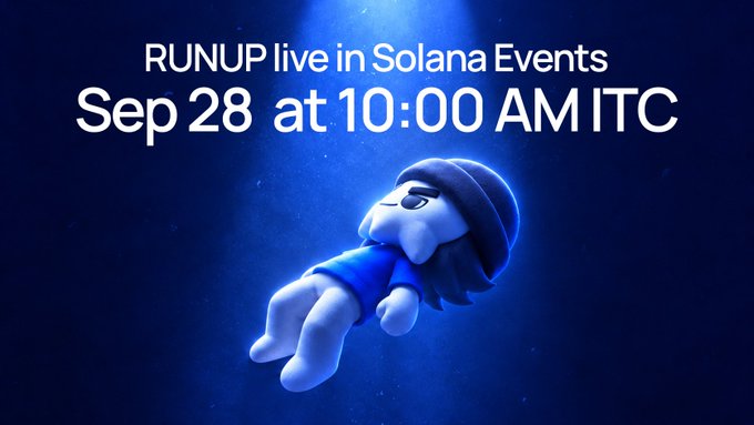A promotional banner announcing 'RUNUP live in Solana Events' scheduled for 'Sep 28 at 10:00 AM ITC,' featuring a 3D animated character in blue pajamas and a nightcap floating underwater.