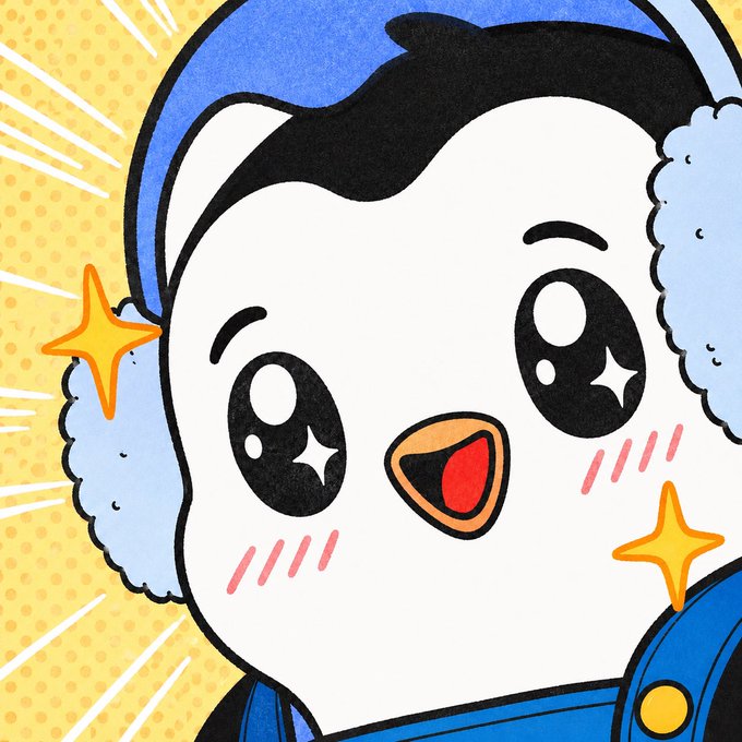 A close-up illustration of a cute cartoon penguin with large, sparkling eyes, blushing cheeks, and a blue hood.