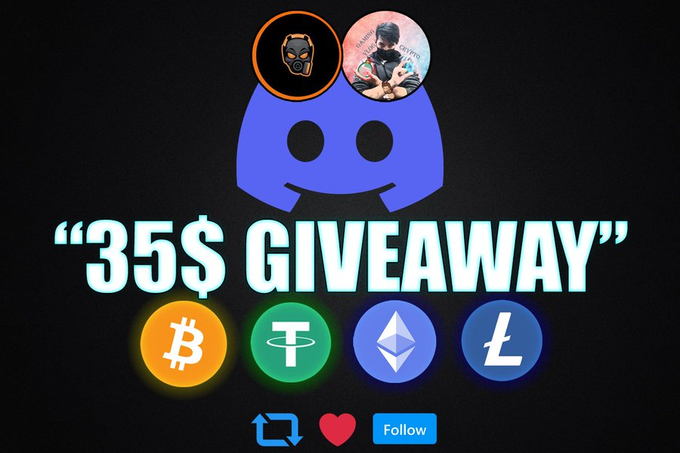 The image promotes a "$35 GIVEAWAY" on Discord featuring Bitcoin, Tether, Ethereum, and Litecoin icons, with the caption instructing users to follow, like, retweet, and join a Discord server to enter, matching the post's call for entries to the crypto giveaway.