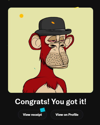 The image shows a cartoon illustration of a Bored Ape NFT character with red fur and a black bowler hat against a pale yellow background, accompanied by the text "Congrats! You got it!" along with "View receipt" and "View on Profile" buttons. This celebrates KennyW's successful purchase of the rare red-fur, bowler-hatted ape, which aligns with the post praising the "conviction move" and the "incredibly clean OG" ape with its "exquisite" red fur and bowler combination.