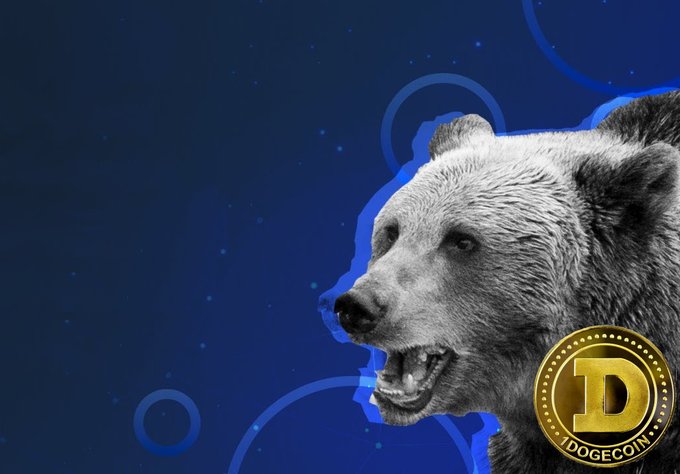 A snarling bear, symbolizing the crypto bear market, is featured against a dark blue background with a gold Dogecoin ($DOGE) coin, visually reinforcing the post's message about the ongoing bearish phase before the anticipated bull run for Dogecoin.