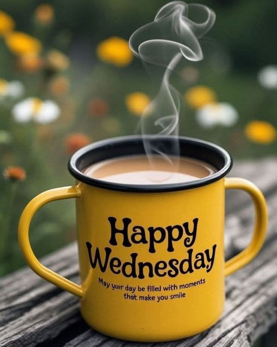 A yellow mug with two handles containing a steaming hot beverage, featuring the text 'Happy Wednesday - May your day be filled with moments that make you smile', set against a blurred background of flowers.